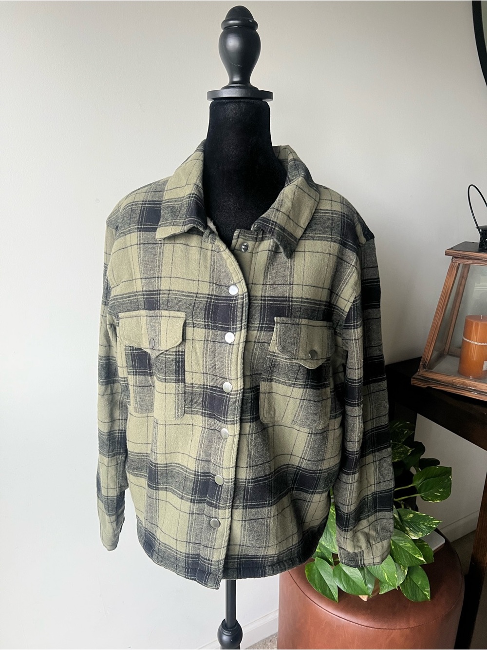 Lucky Brand Sherpa Lined Shacket Plaid Olive Green Utility Overshirt Women's M